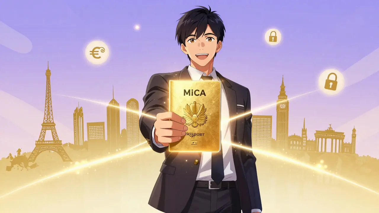 Anime character holding glowing EU passport for crypto expansion