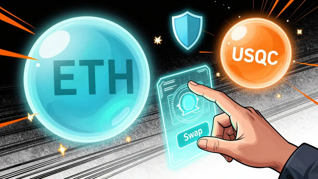 Anime style depiction of swapping crypto tokens on a DEX interface