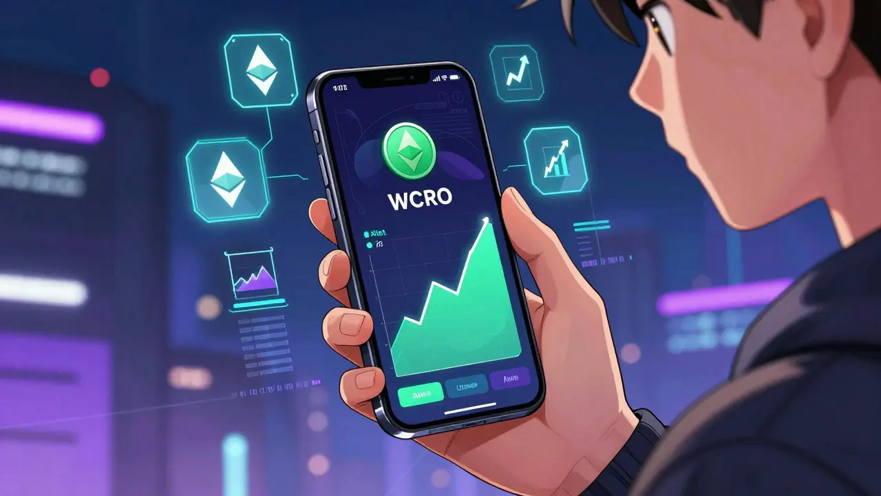 Anime style image of a user using WCRO in an Ethereum DeFi app on a smartphone.
