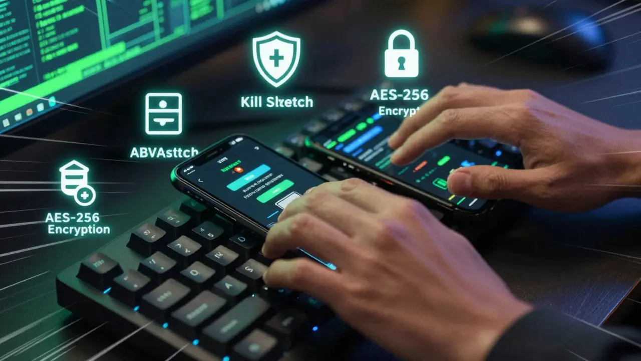 Close-up manga art of hands securing a VPN connection with encryption symbols.