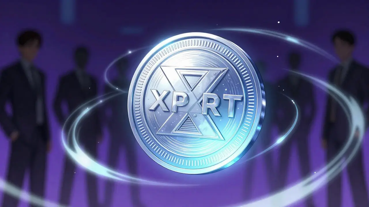 Close-up manga illustration of an XPRT token with staking reward particles.