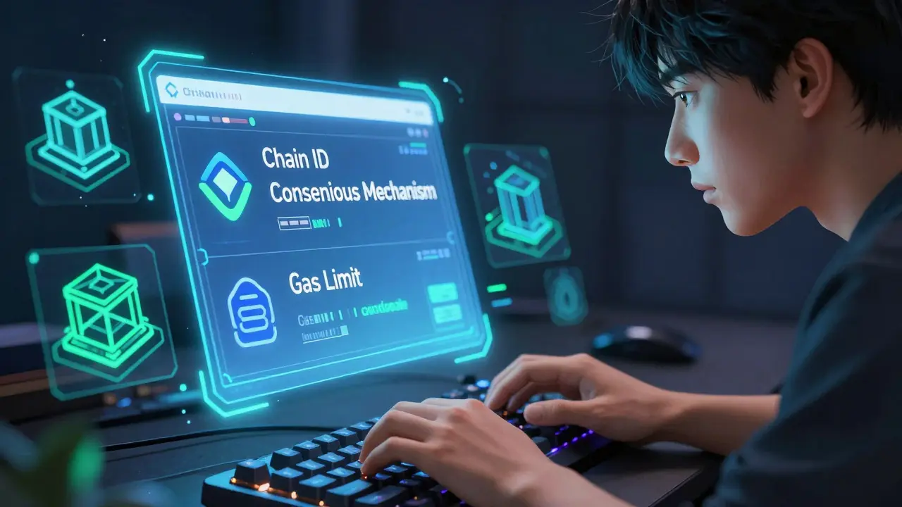 Developer configuring blockchain params in manga art