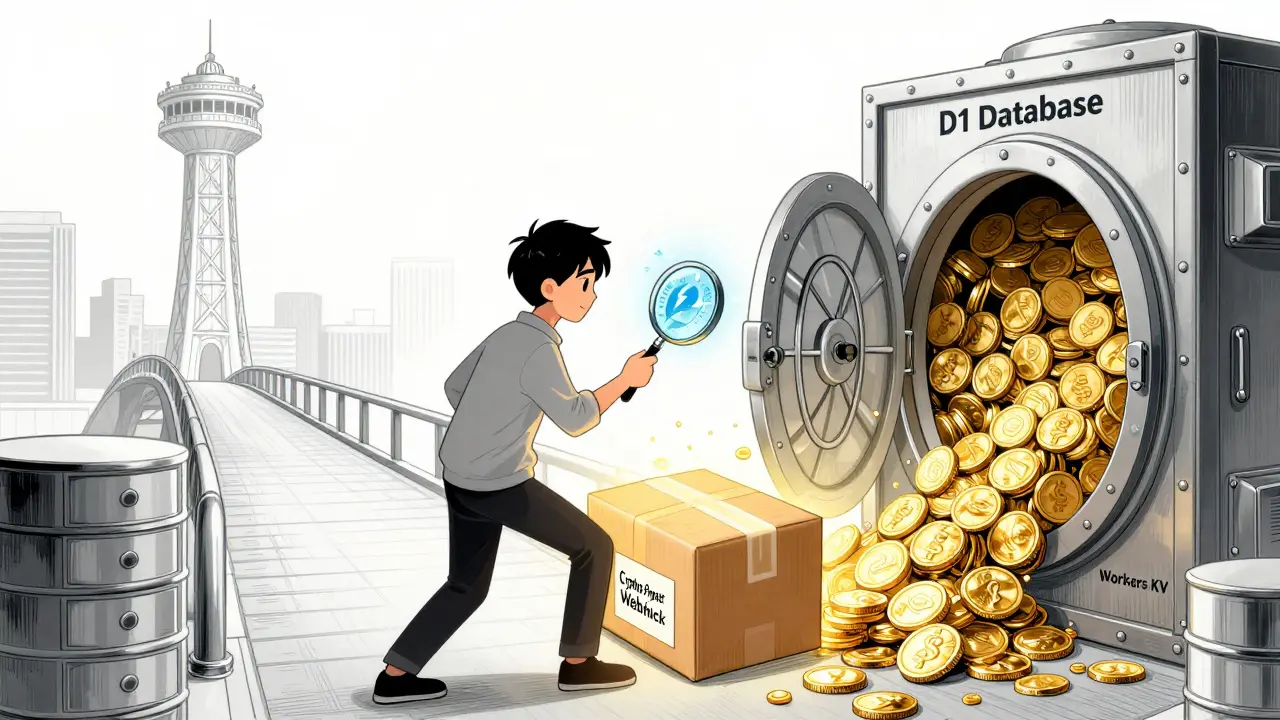 Digital flow of verified crypto payments entering secure database storage.
