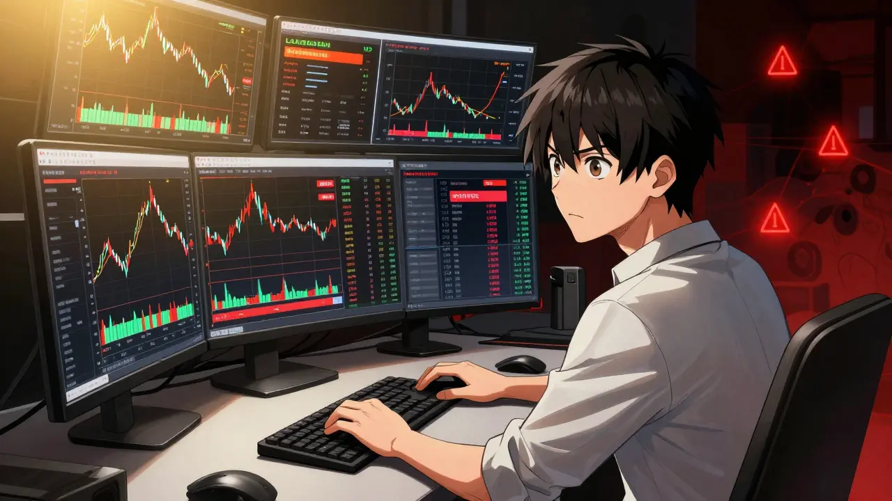 Dramatic manga scene of a DeFi trader managing high-leverage positions and market risks