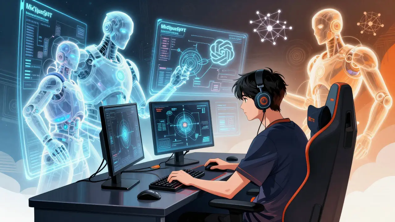 Esports player strategizing with holographic AI assistants in manga style