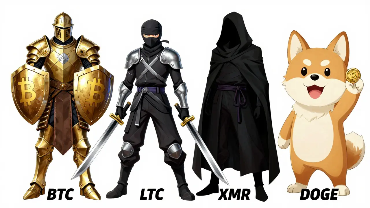 Four anime mascots representing Bitcoin, Litecoin, Monero, Dogecoin