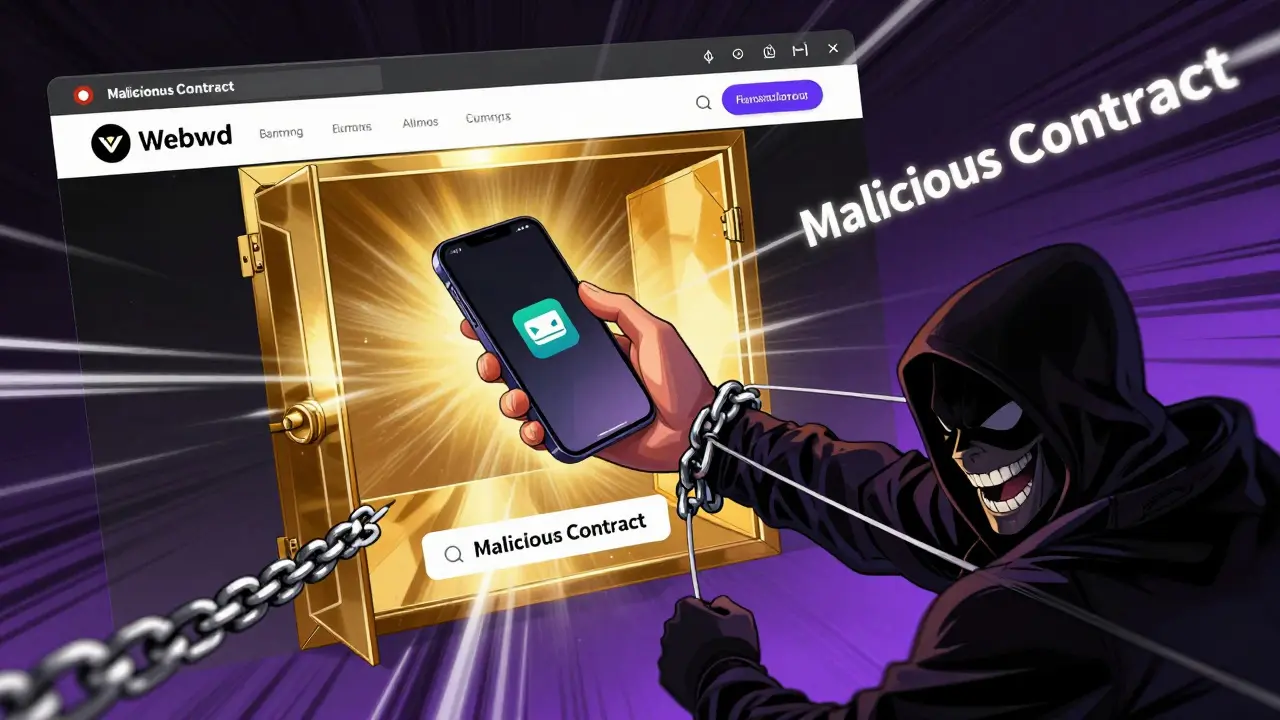 Hand trapped by malicious smart contract chains in manga style