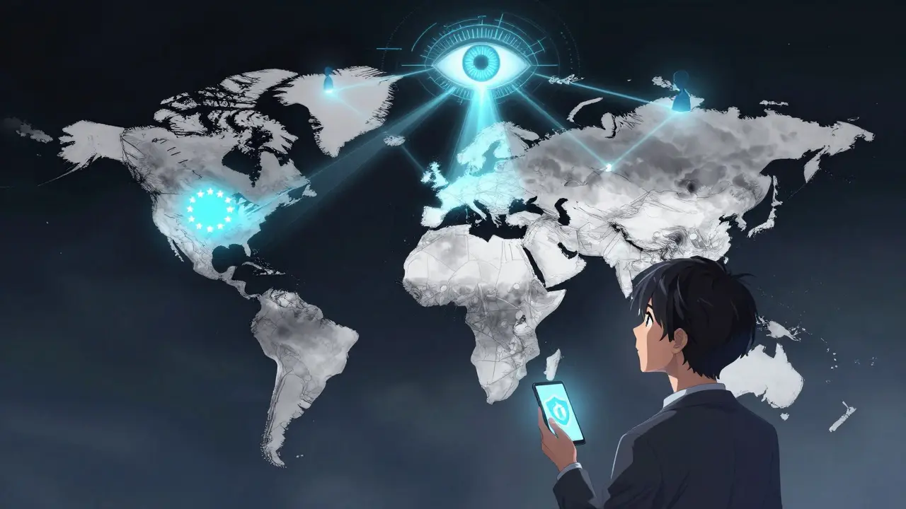Manga art of global crypto regulation and AI surveillance