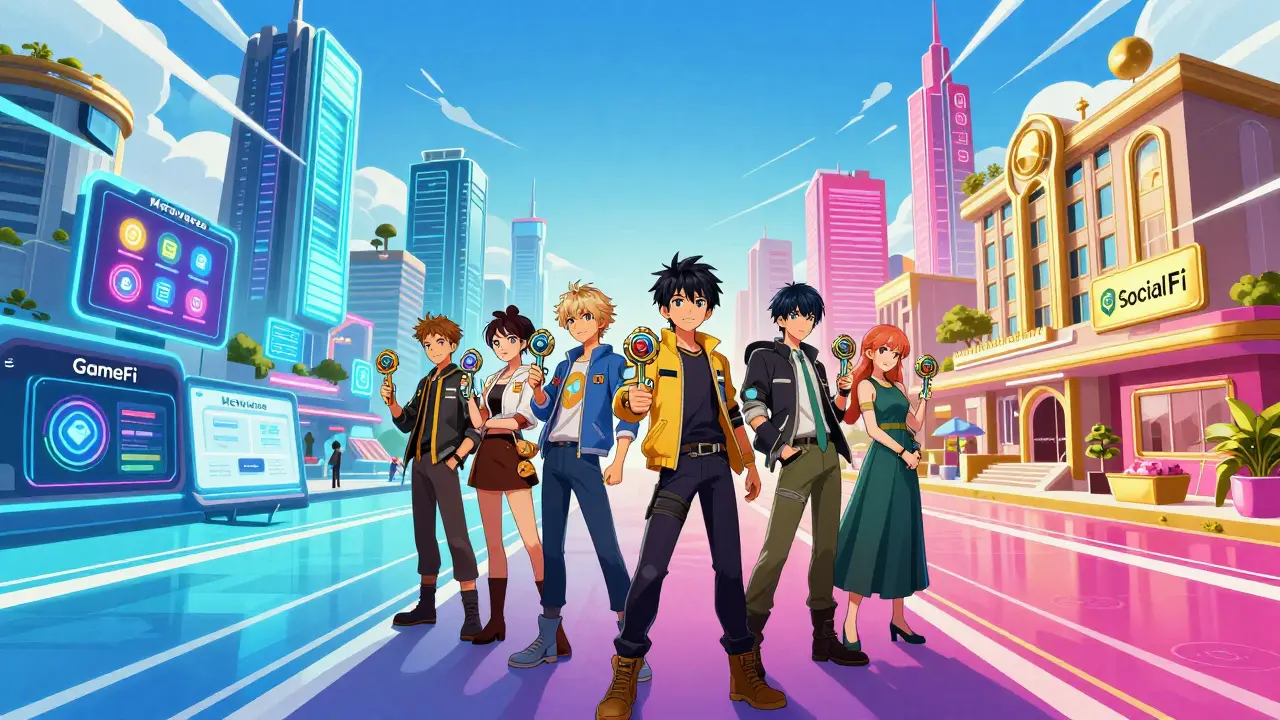 Manga avatars holding NFT keys in a futuristic hybrid metaverse arena