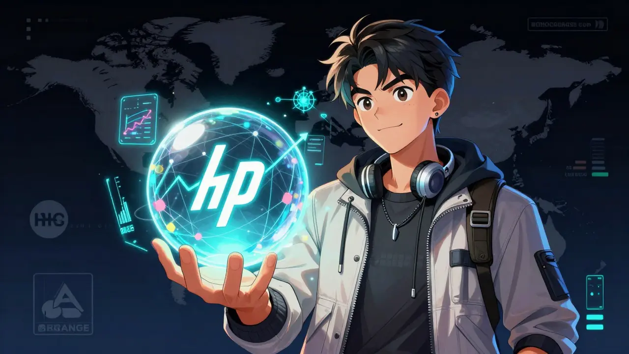 Manga character holding glowing HP token with market visuals