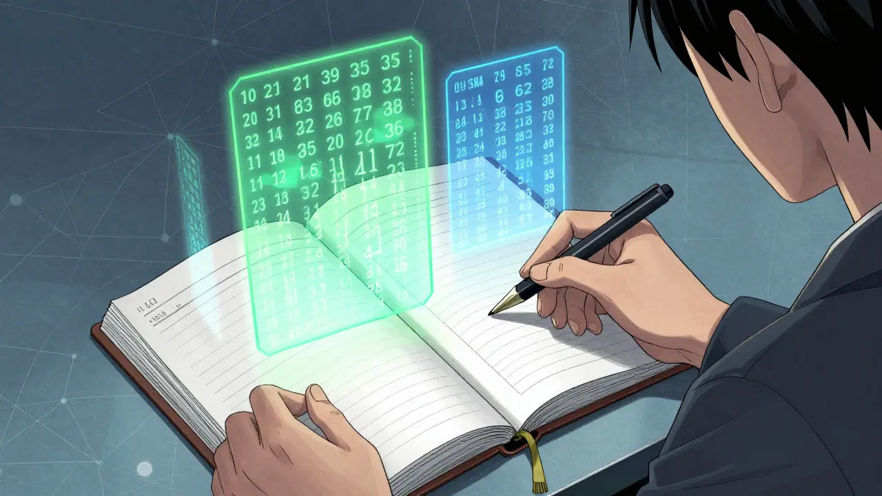 Manga character reviewing holographic crypto transaction records for tax compliance