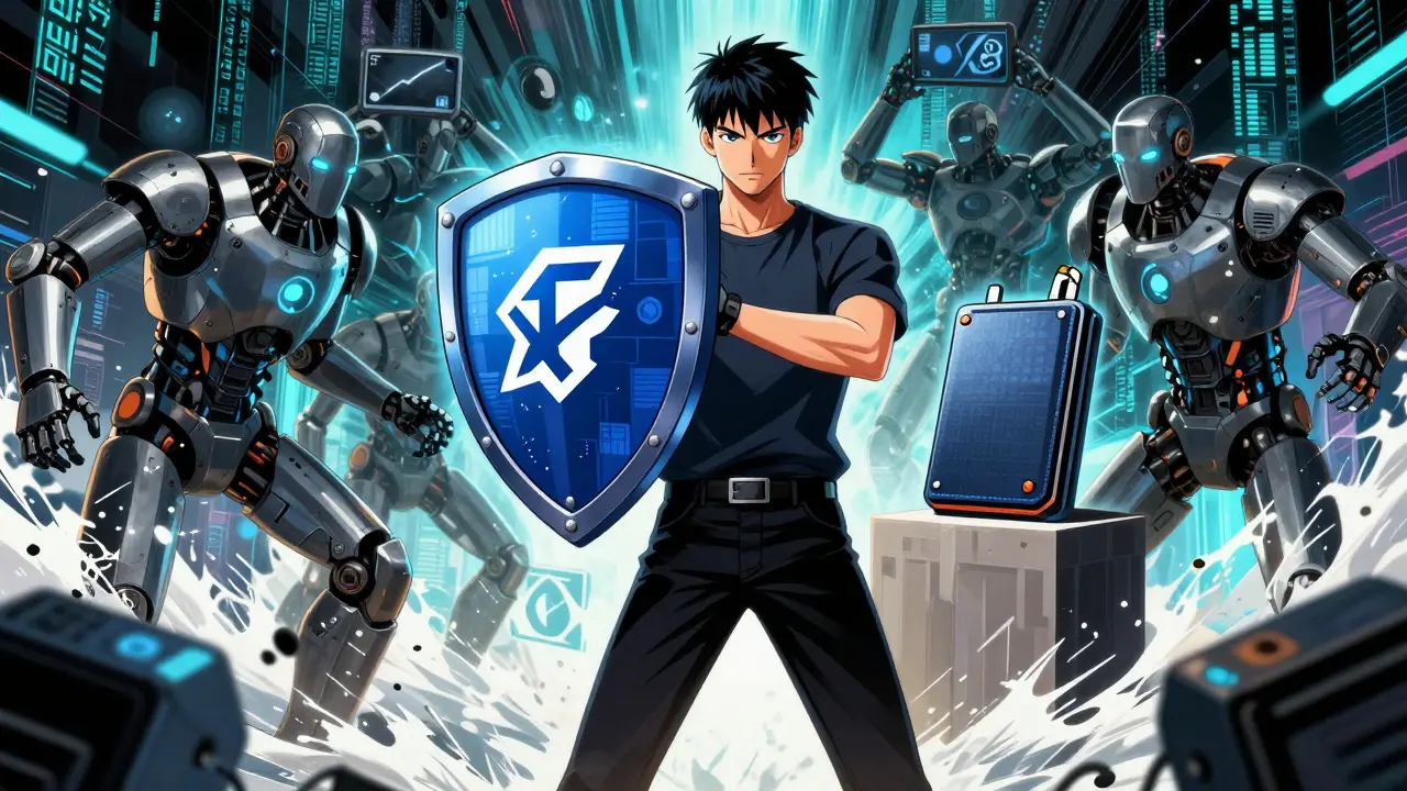 Manga hero blocking bot attacks with blockchain verification shield.