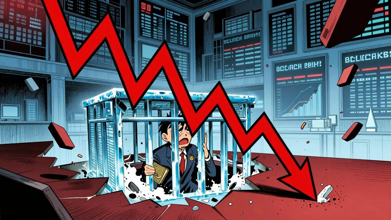 Manga illustration of a trader trapped by a crashing market graph