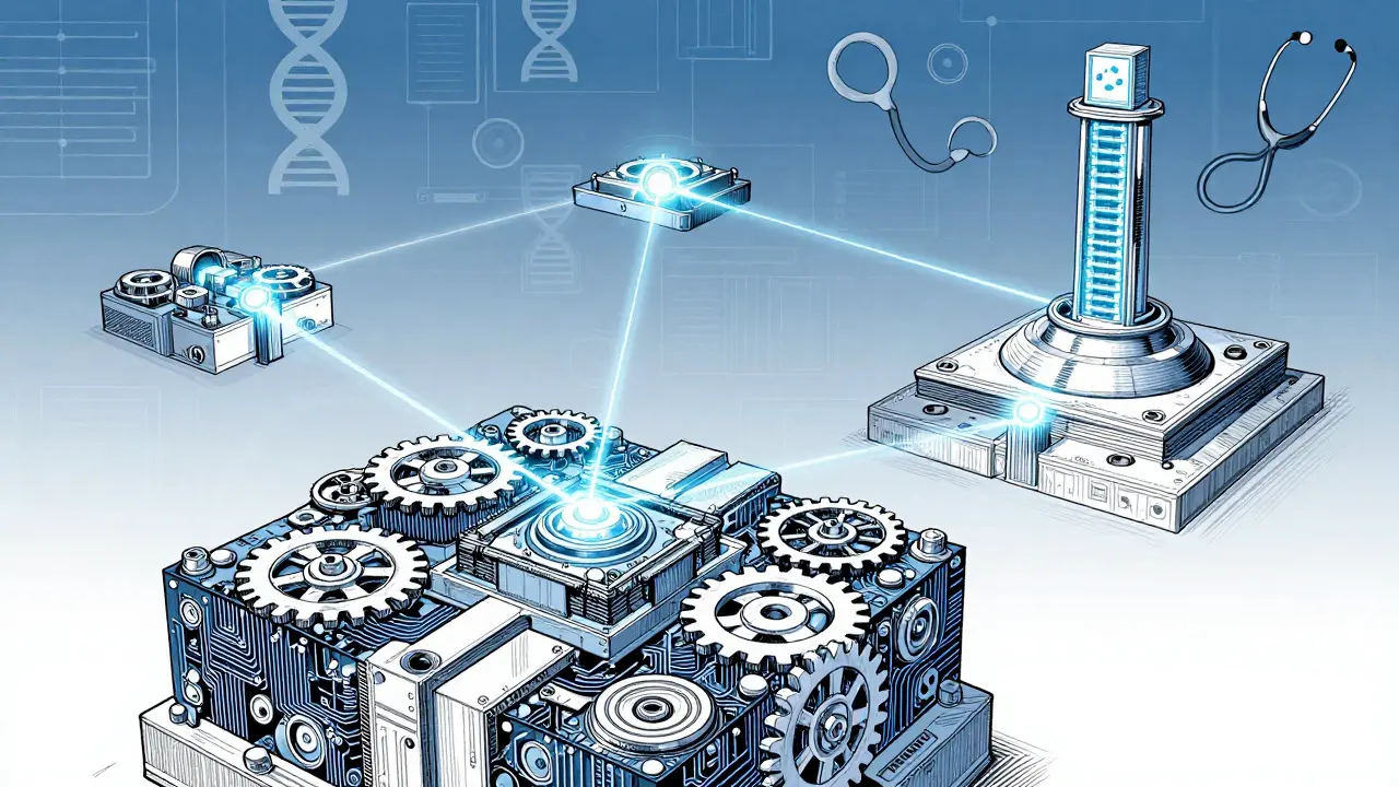 Manga illustration of blockchain tech connecting medical systems