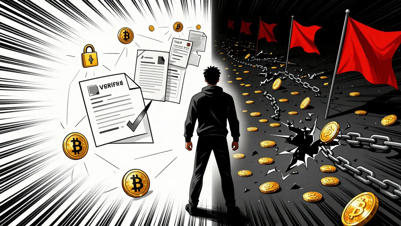 Manga illustration of choosing between safe crypto verification and scams
