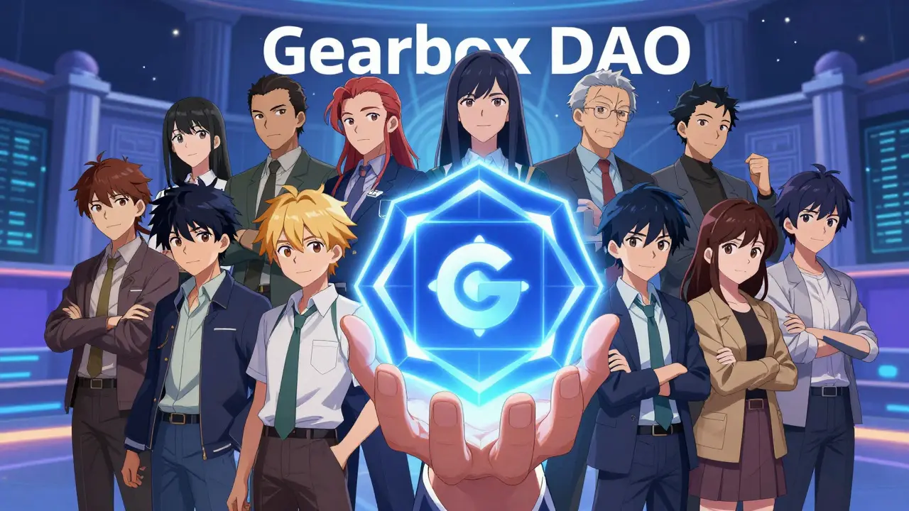 Manga illustration of diverse community members governing the Gearbox DAO together