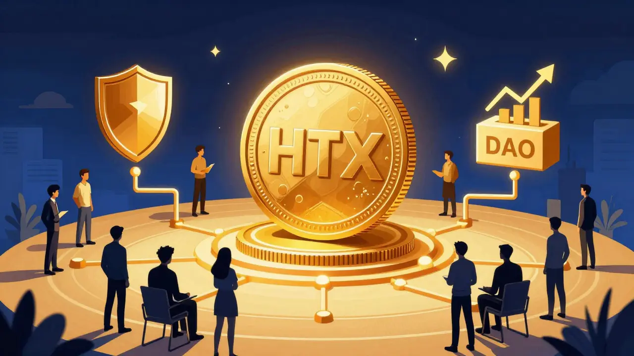 Manga illustration of HTX token utilities including DAO voting and fees
