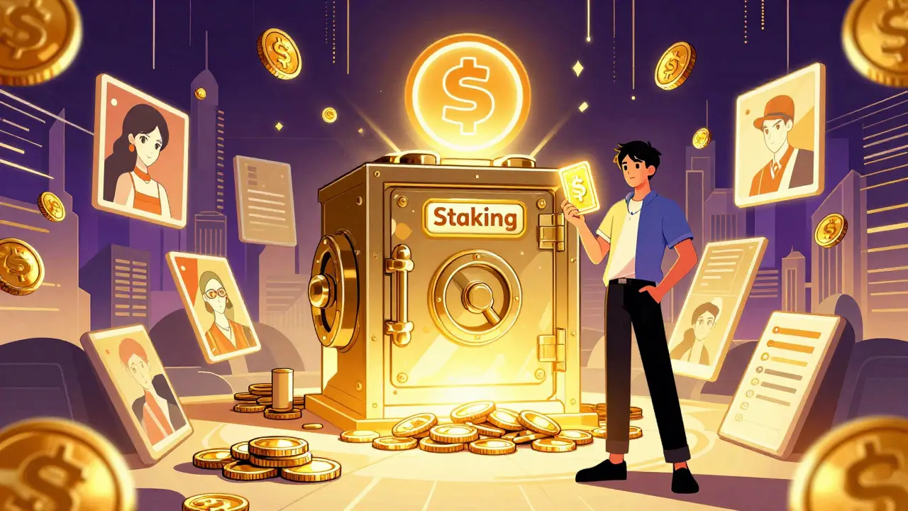 Manga illustration of NFT staking vault with digital assets