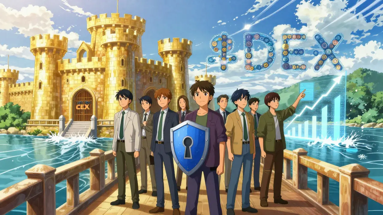 Manga illustration of traders on a bridge between CEX and DEX worlds