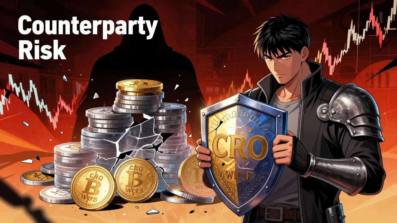 Manga illustration warning about counterparty risk with shadowy figures and volatile charts.
