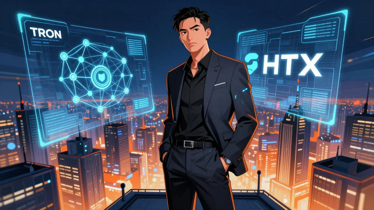 Manga portrait of crypto leader Justin Sun overlooking a digital cityscape