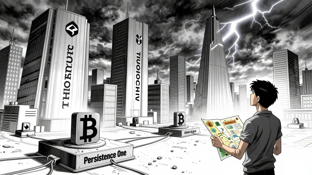 Manga scene showing Persistence One competing against larger crypto platforms.