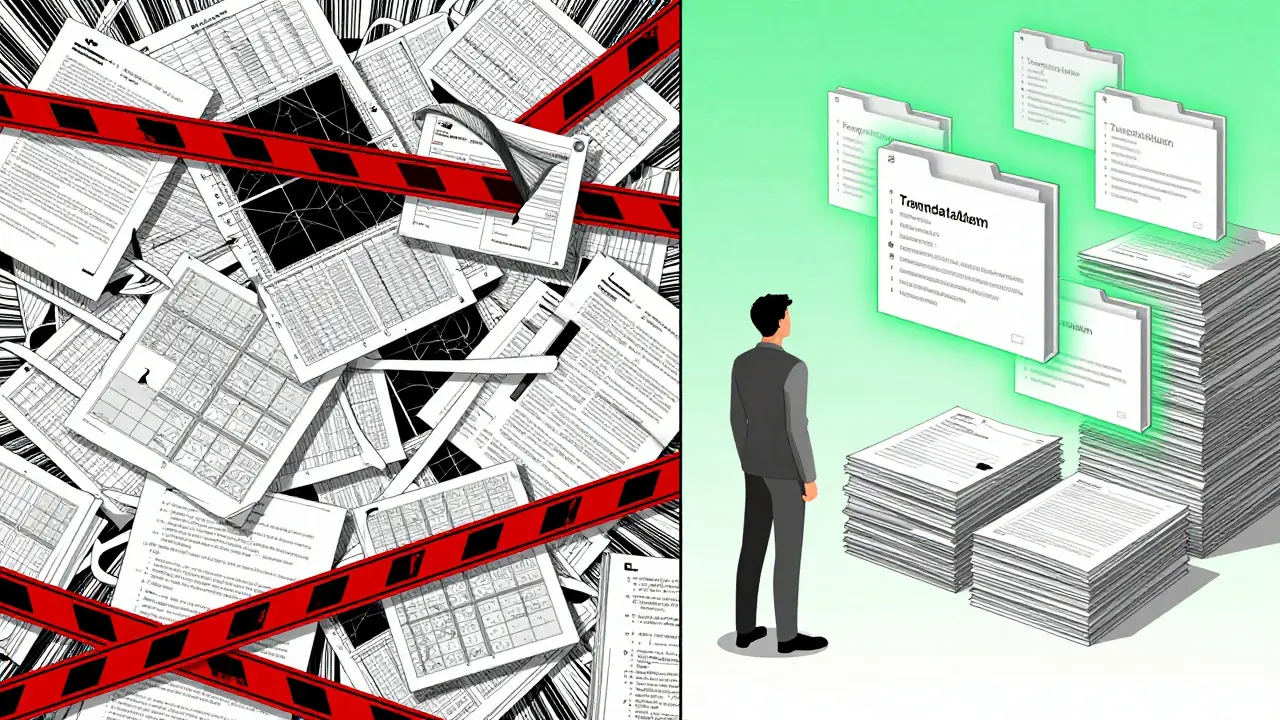 Manga split scene comparing messy sensitive data archives to clean sanitized files.