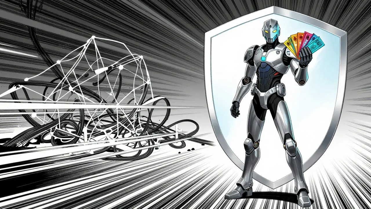 Manga style figure protected by zero-knowledge shield holding bundled assets.