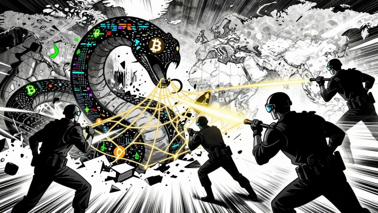 Manga style heroes trapping a digital fraud monster in a net