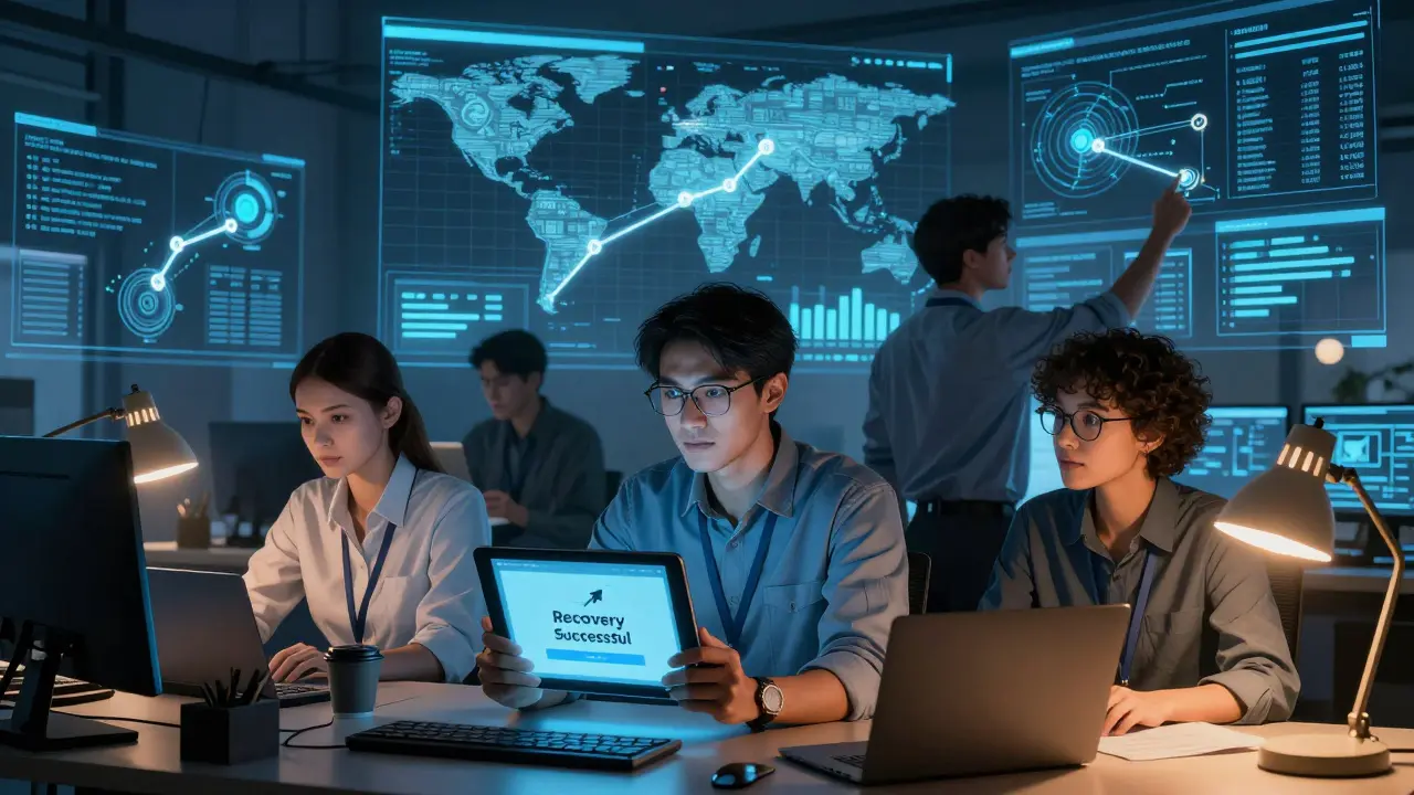 Manga style investigators analyzing blockchain data for recovery