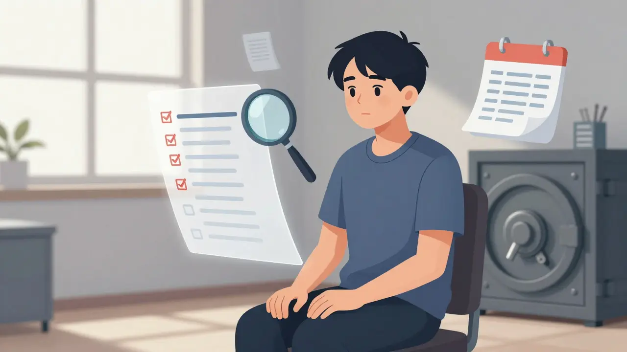 Patient investor waiting safely amidst floating checklists