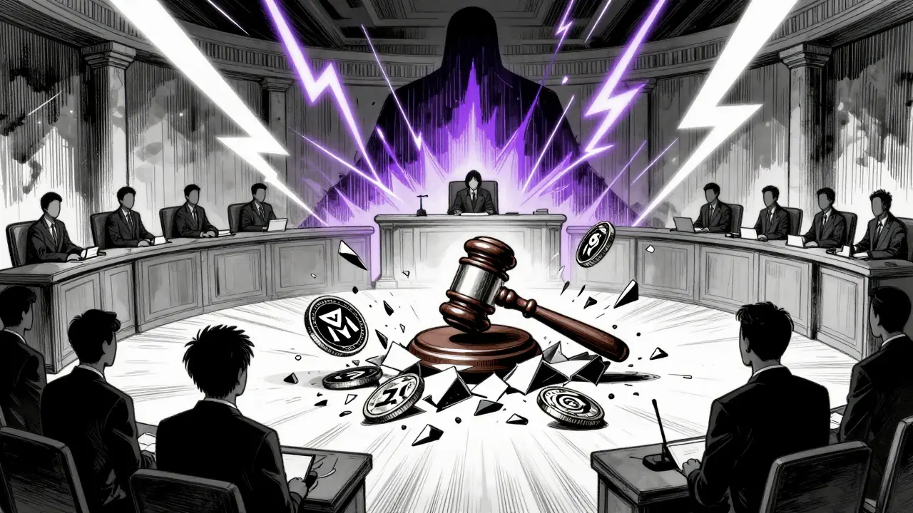 Regulatory gavel shattering privacy coin icons with quantum threat in background
