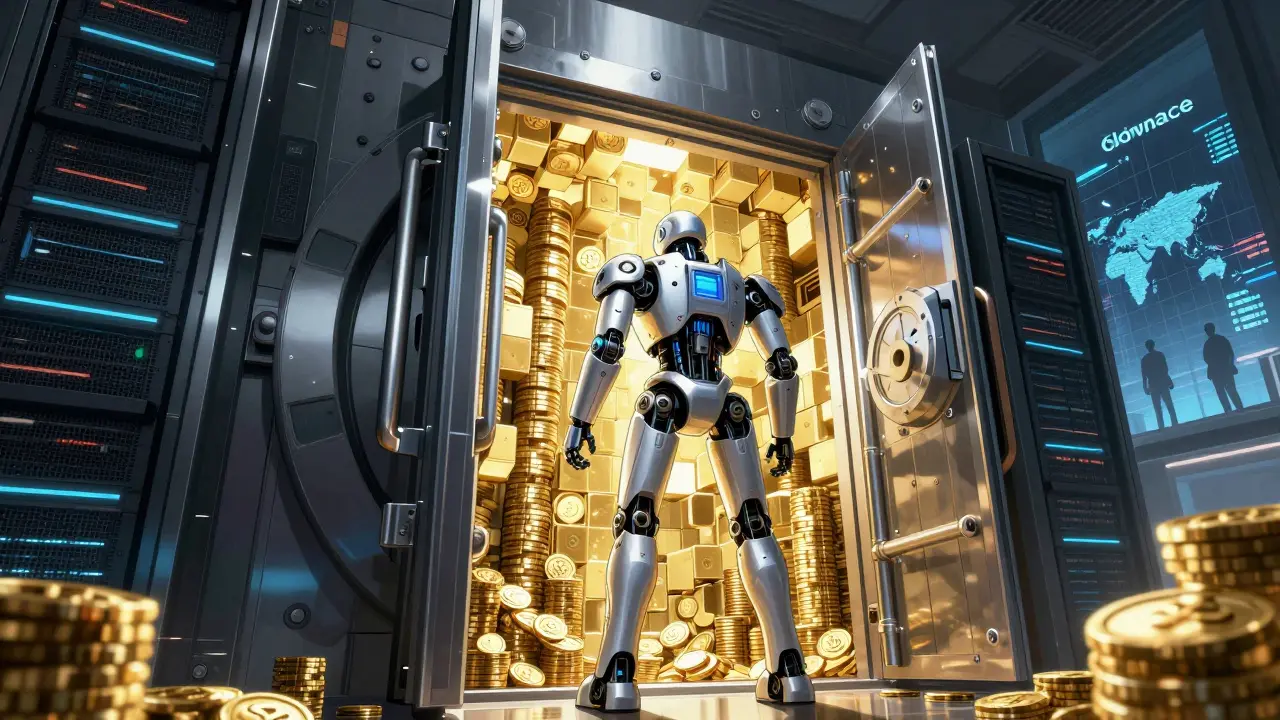 Secure digital vault with robotic guard, representing institutional custody.