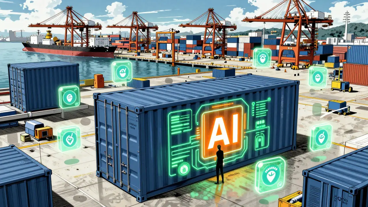 Shipping container monitored by AI and blockchain nodes in a busy port