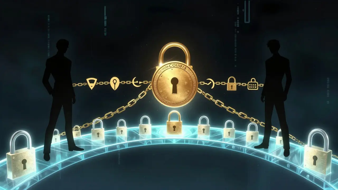 Silhouettes exchanging value via a locked cryptographic bridge in manga art.