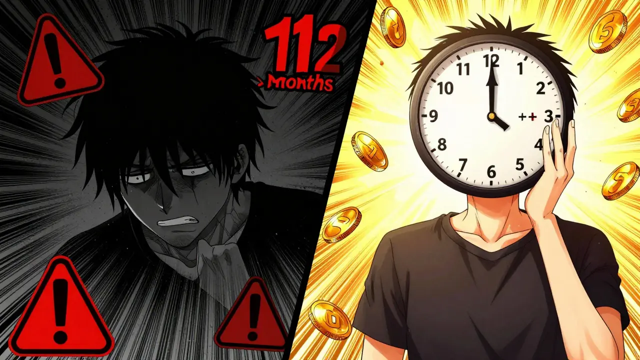 Split manga scene contrasting stressful short-term vs relaxed long-term crypto holding