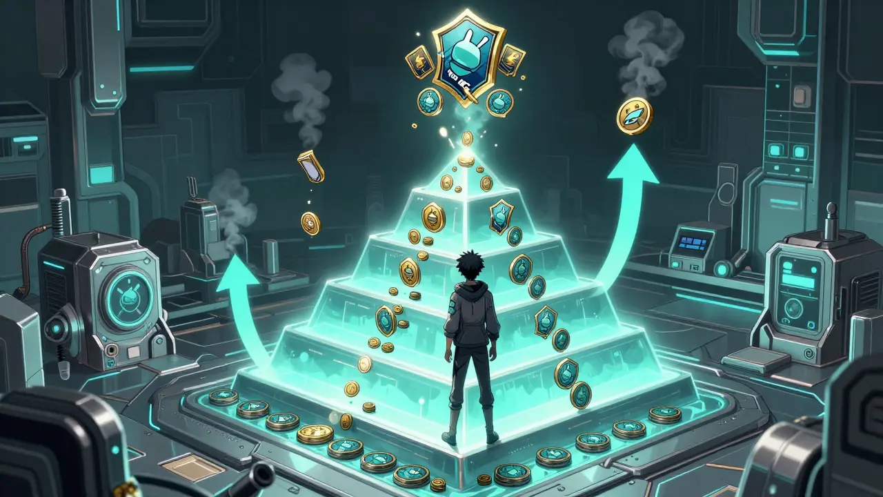 Staking tiers pyramid showing rewards and token burning