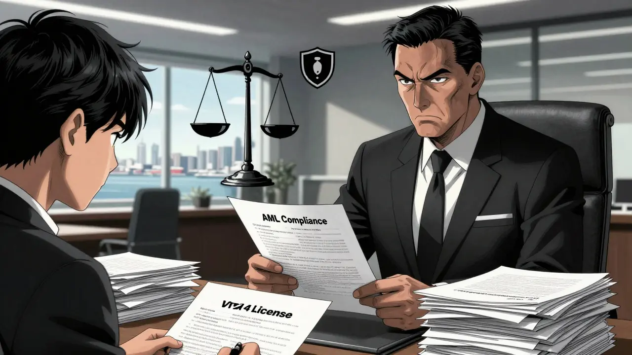 Tense manga scene of crypto license compliance review meeting
