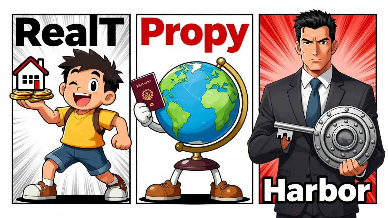 Three characters representing different real estate token platforms