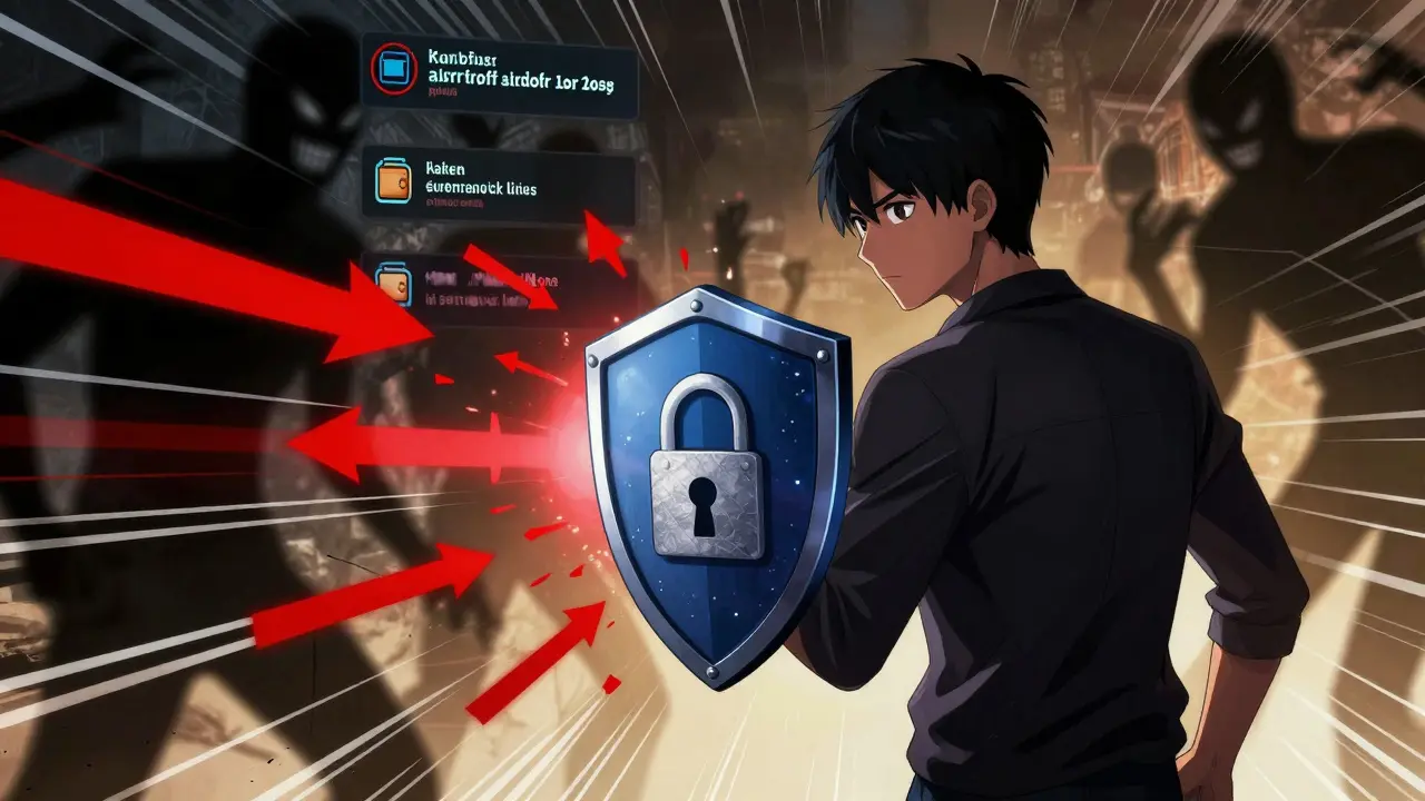 User defending against shadowy scam threats in anime art style