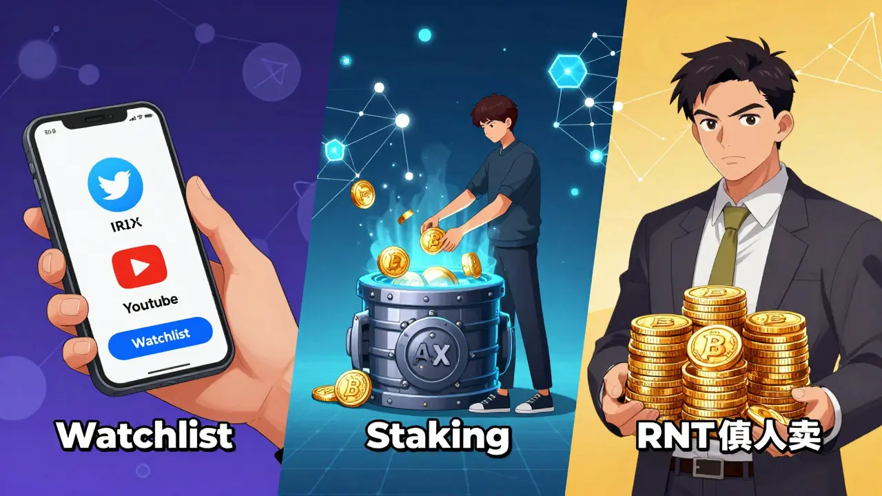 Anime characters engaging in different crypto tasks: social media, staking, and holding