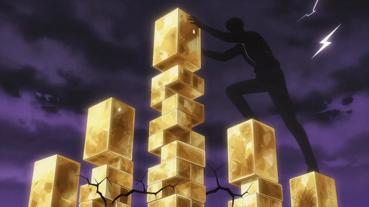 Anime illustration shows a stack of leverage blocks representing risky margin pyramiding.