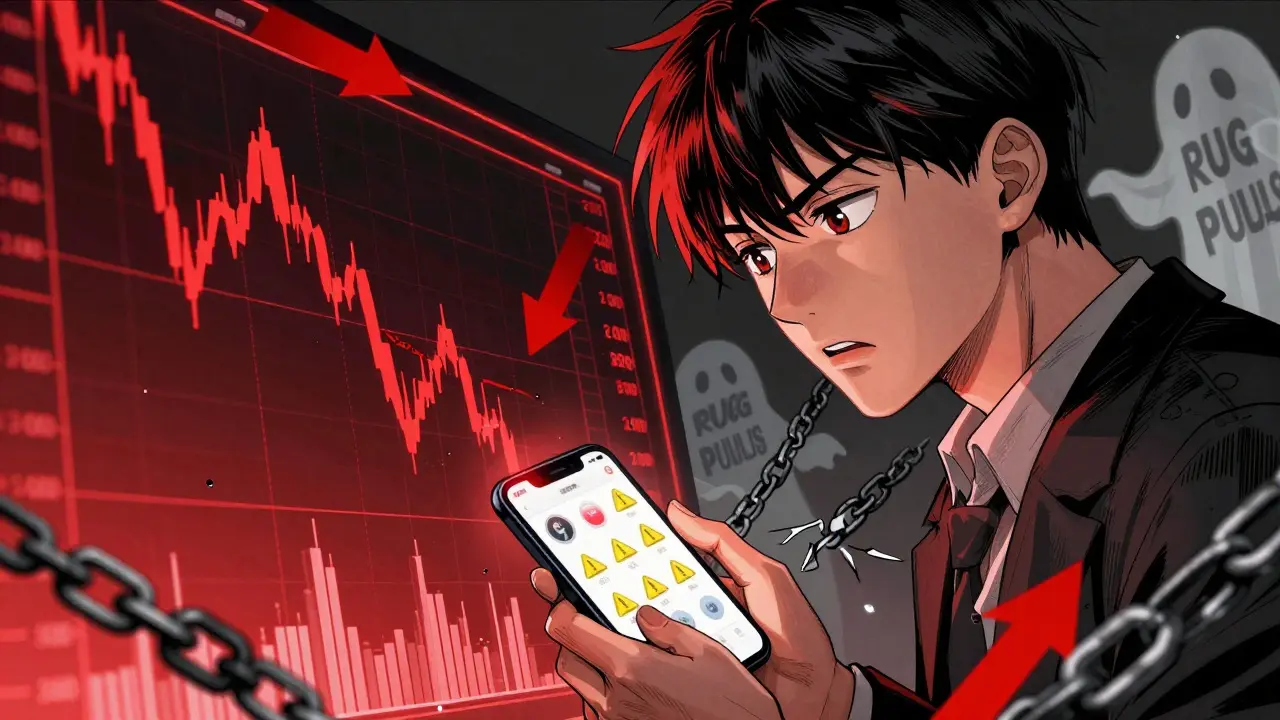 Anime investor looking worried at crashing red stock charts and warning signs