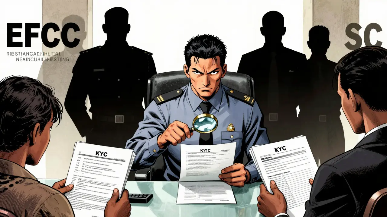 Anime style bank officer enforcing strict KYC rules with regulators looming in background