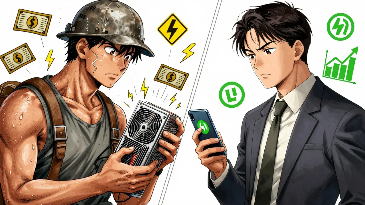 Anime style comparison of stressed miner versus relaxed staker
