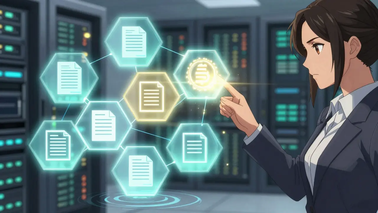 Anime style glowing digital ledger blocks symbolizing immutable insurance records.