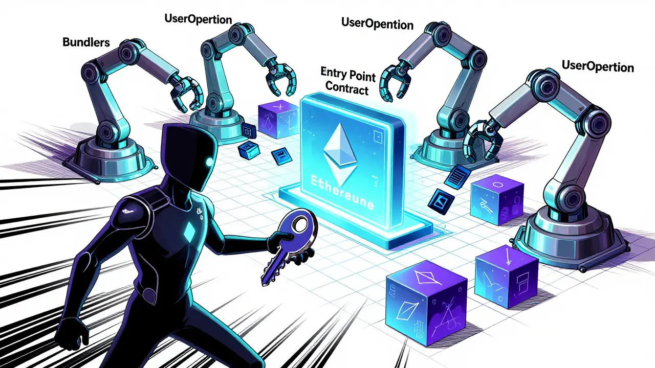 Anime style visualization of ERC-4337 bundlers and entry point contract workflow