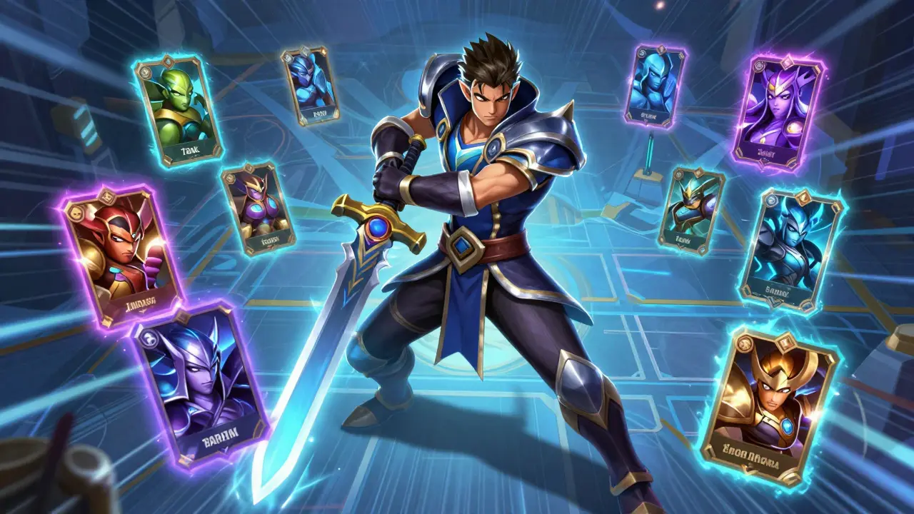 Anime warrior with NFT cards on a blockchain battlefield