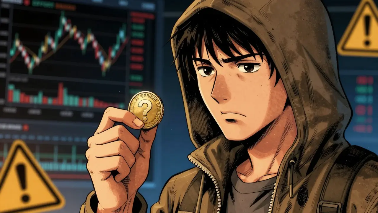 Cautious anime investor holding risky crypto token