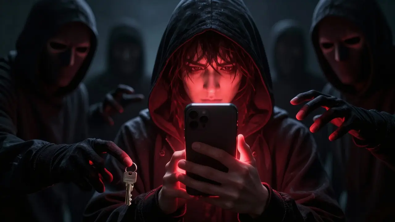 Cautious user protecting wallet from shadowy scammer figures